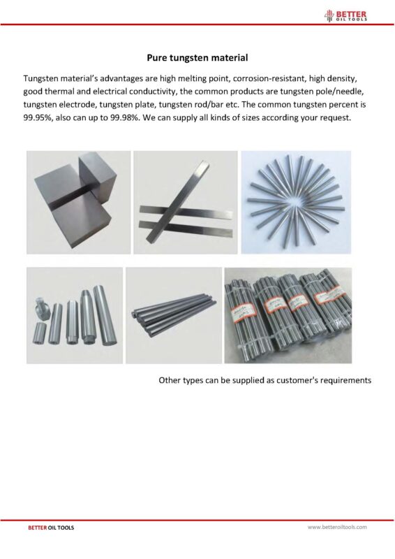 Pure tungsten materials BETTER OIL TOOLS